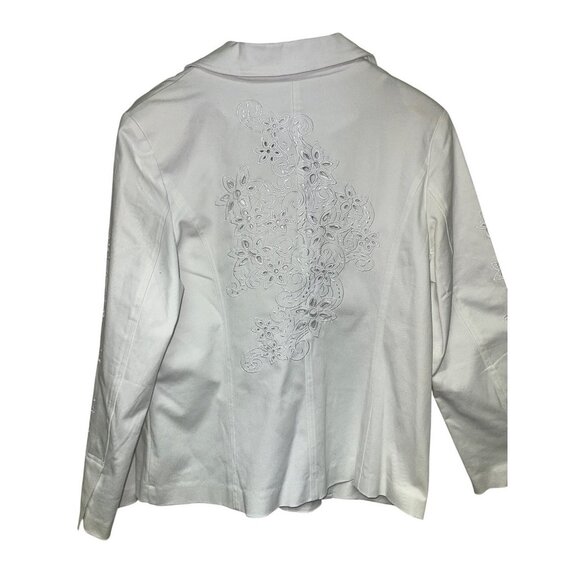 NEW! Susan Graver Women's White Denim Blazer Embroidered Cut Out Pockets Medium - Picture 5 of 11